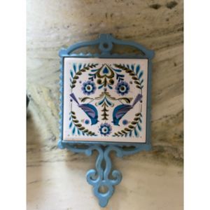Vintage Cherry Blue Tile and Iron Trivet Wall Hanging Blue Birds Japan